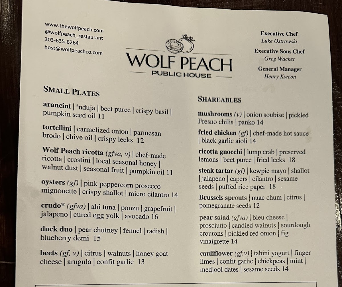 Wolf Peach Public House gluten-free menu