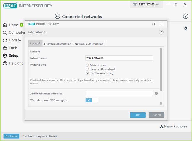 ตัวเลือกไฟร์วอลล์ ESET สำหรับประเภทการป้องกันเครือข่าย