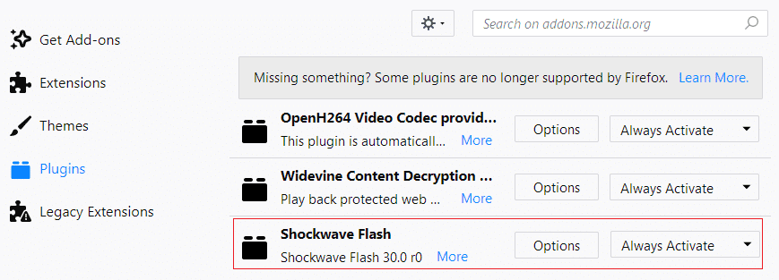 Shockwave Flashを選択し、ドロップダウンメニューから[Asktoactivate]または[Alwaysactivate]を選択します