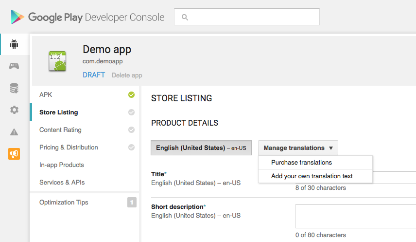 Store title and description translation in the Developer Console