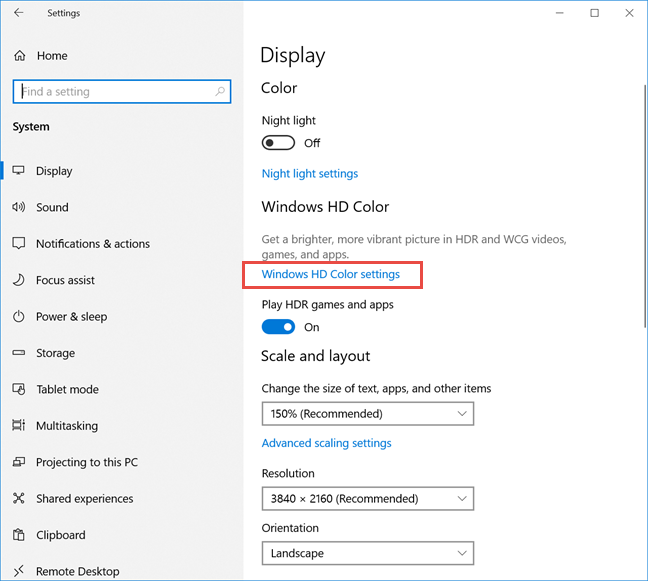 Haga clic o toque Configuración de color HD de Windows