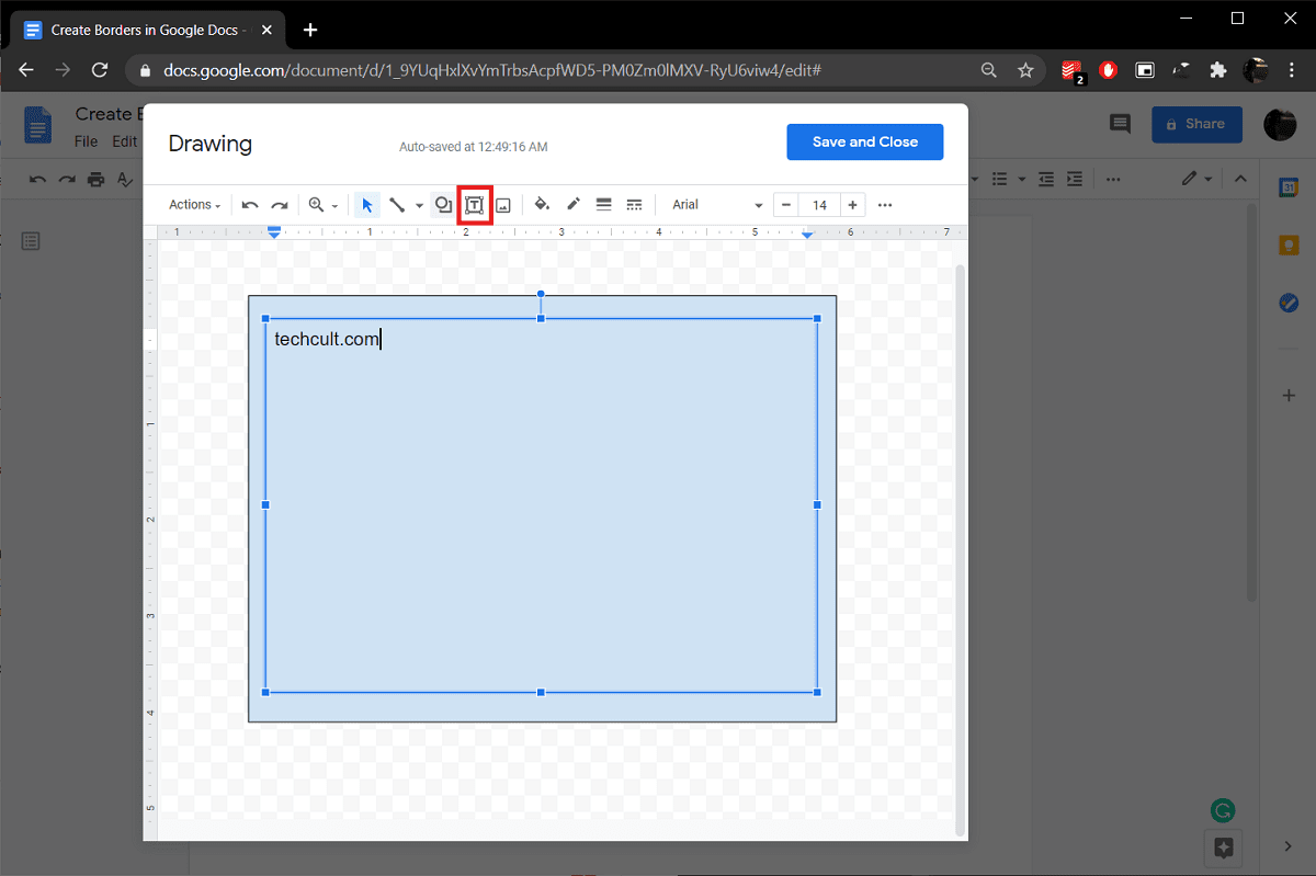 haga clic en el icono Texto y cree un cuadro de texto dentro del dibujo.  |  ¿Cómo crear bordes en Google Docs?