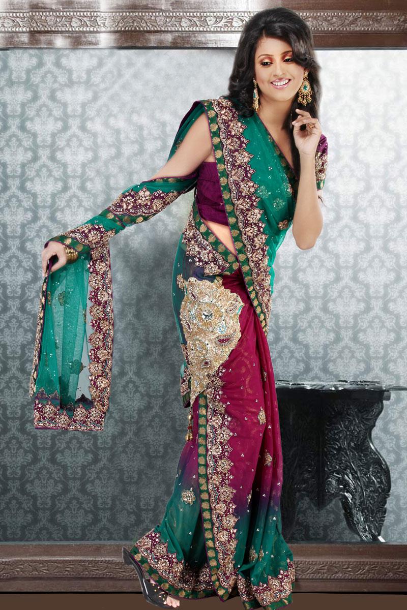 Rama Green and Hot Pink Net and Shimmer Georgette Saree   428.00