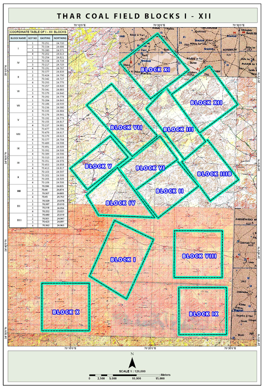 That coalfield blocks I - XII in the Thar coalfield. The Thar coalfield has a resource potential of 175 billion tonnes of coal and covers an area of over 9,000 sq km in the Thar Desert in Thar Parkar district, in southeastern part of Sindh Province, Pakistan. Graphic: Thar Coal and Energy Board