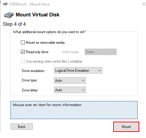 Deje las opciones de montaje predeterminadas como están y haga clic en el botón Montar para iniciar el proceso.