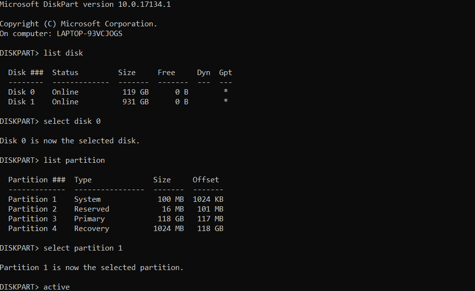 Pour activer la partition principale, tapez active puis appuyez sur Entrée.