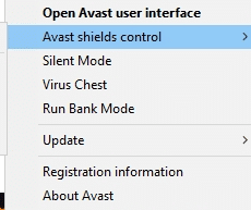 이제 Avast 실드 제어 옵션을 선택하면 Avast를 일시적으로 비활성화할 수 있습니다.