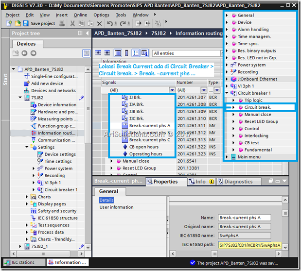 Telegram/Logical Node IEC61850 Last Fault Current/Breaking Current/Arus Gangguan pada Matrix/Information Routing di SIPROTEC 5