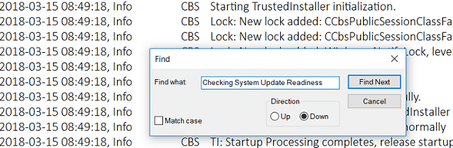 찾을 내용에 Checking System Update Readiness를 입력하고 다음 찾기를 클릭합니다.