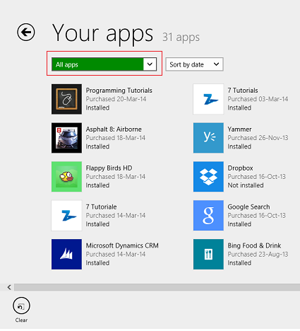 Windows 8.1, app, elenco, Store, installato, non installato