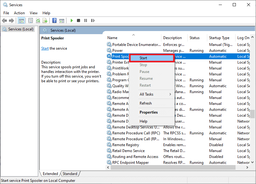 accédez à la fenêtre Services et cliquez avec le bouton droit sur Print Spooler comme vous l'avez fait précédemment.  Maintenant, sélectionnez l'option Démarrer.  Correction des services de domaine Active Directory actuellement indisponibles dans Windows 10