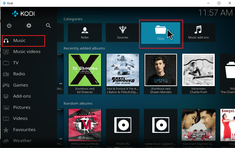 Haga clic en Música en el menú principal de Kodi y seleccione Archivos en categorías