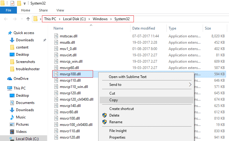 ตอนนี้ในโฟลเดอร์ System32 ค้นหา MSVCP100.dll จากนั้นคลิกขวาที่ไฟล์แล้วเลือก Copy |  แก้ไข MSVCP100.dll หายไปหรือไม่พบข้อผิดพลาด