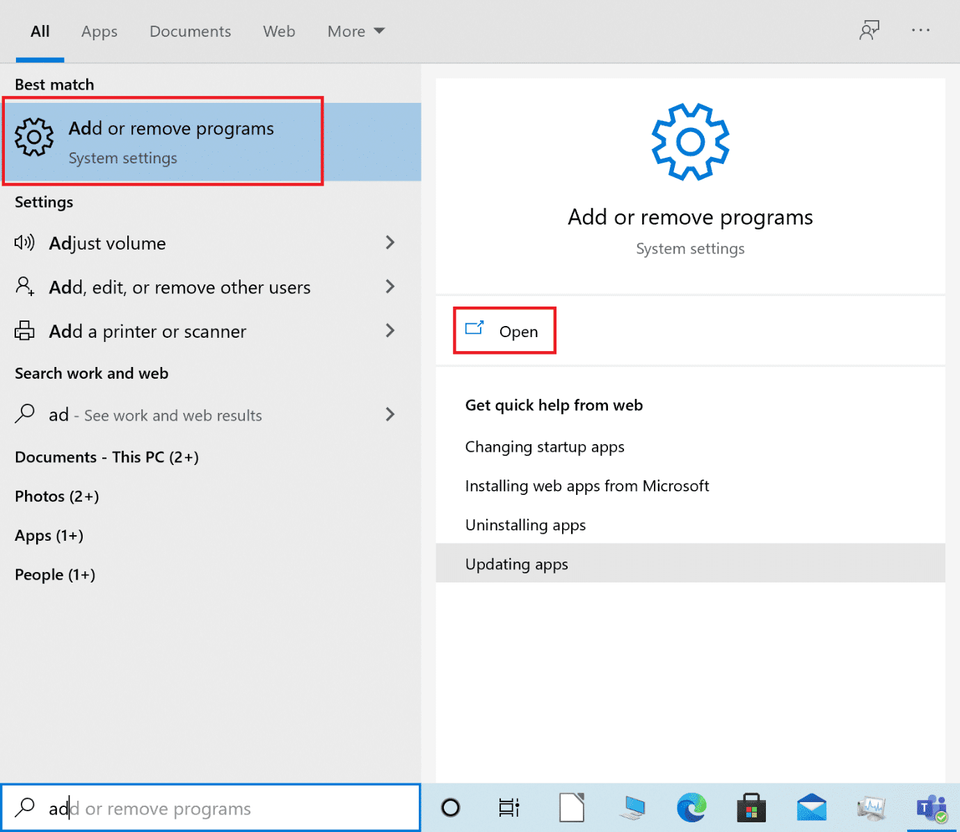 Start Programma toevoegen aan of verwijderen uit Windows Search