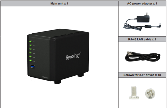 Synology DiskStation DS419slim: 상자 안의 내용물