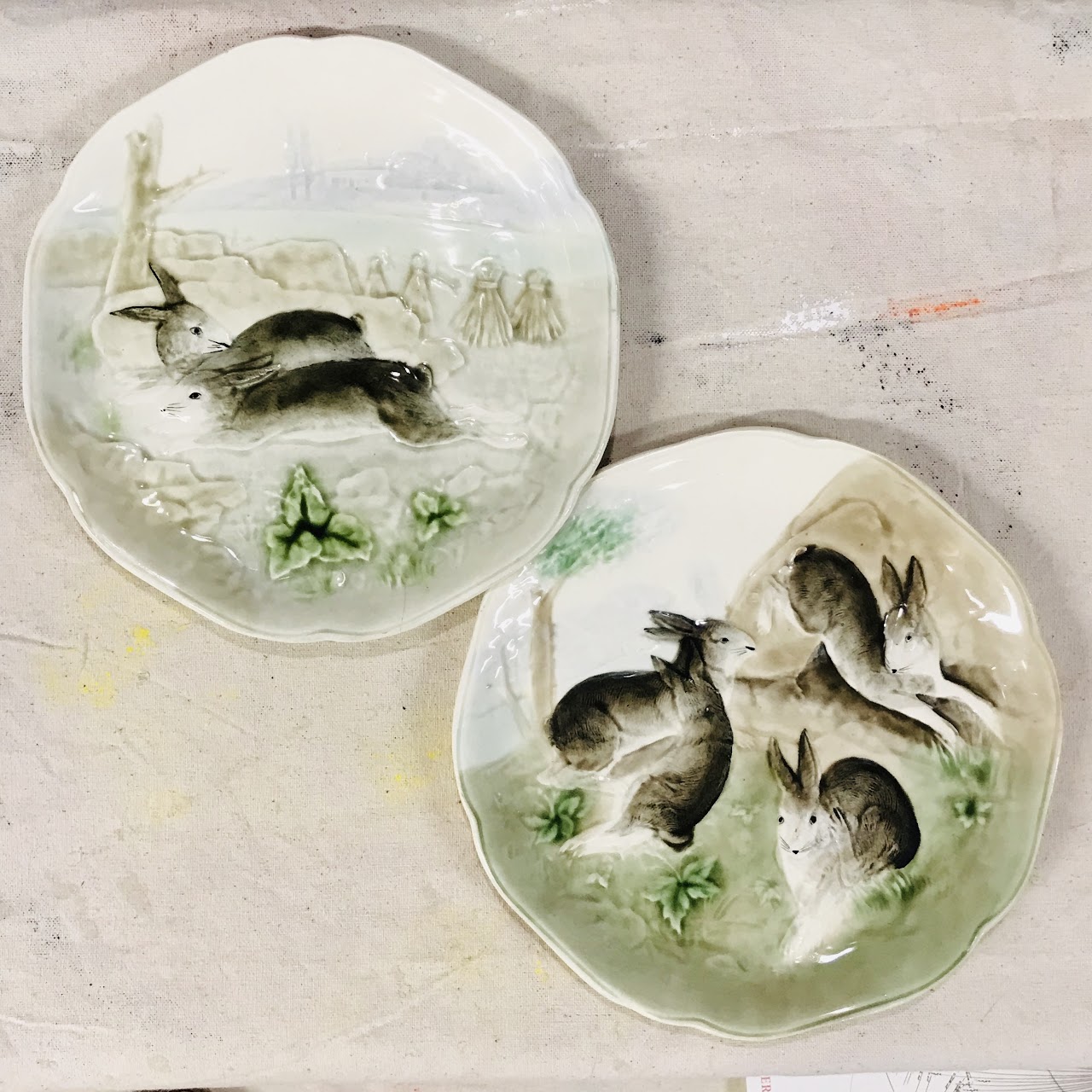 French Majolica Higgins & Seiter Rabbit Plate Pair