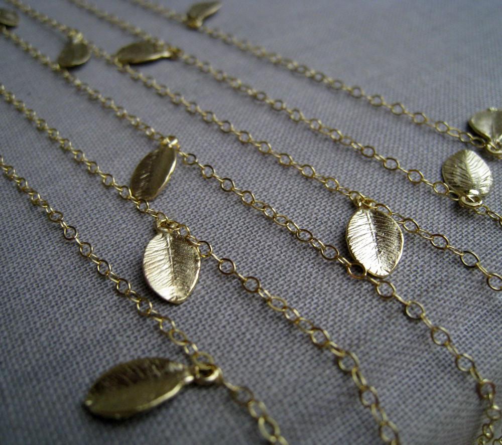 Tiny gold leaf long necklace,