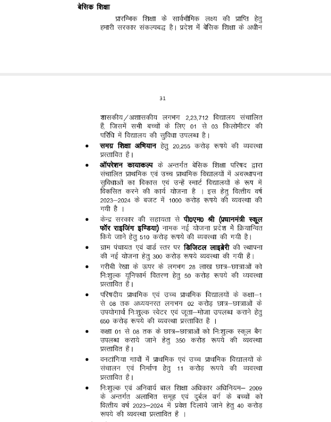 वित्तीय वर्ष 2023-2024 में परिषदीय प्राथमिक एवं उच्च प्राथमिक विद्यालयों के कक्षा-01 से 08 तक अध्ययनरत छात्रों को निःशुल्क स्वेटर एवं जूता-मोजा व स्कूल बैग और यूनिफॉर्म उपलब्ध कराने हेतु बजट जारी