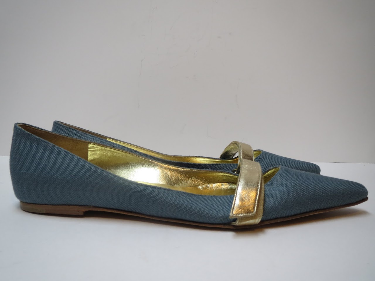 Manolo Blahnik Seafoam Blue and Gold Flats