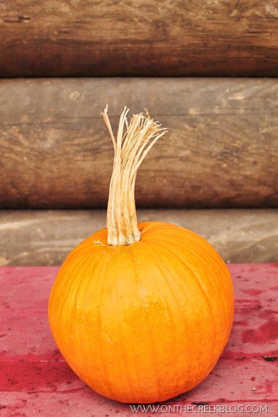 Super simple fall front porch using yard sale finds including a large wooden pumpkin!