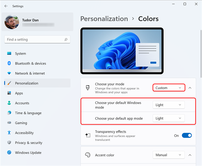 El modo personalizado contiene opciones para aplicaciones y Windows 11