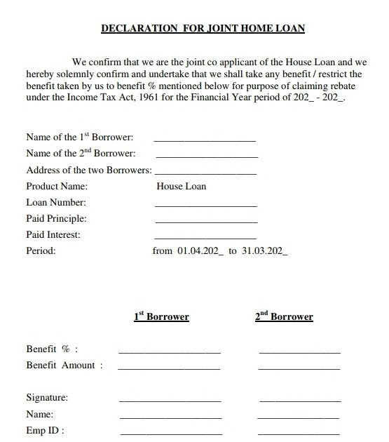 Joint Home Loan Declaration Form For Income Tax Savings And Non 