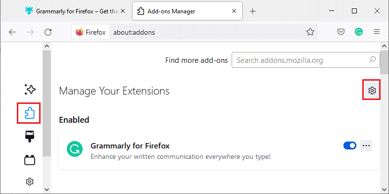 Tại đây, nhấp vào Tiện ích mở rộng ở ngăn bên trái và trong ngăn bên phải, nhấp vào biểu tượng bánh răng tương ứng với tiện ích mở rộng của bạn.  Cách sửa lỗi Firefox không tải trang