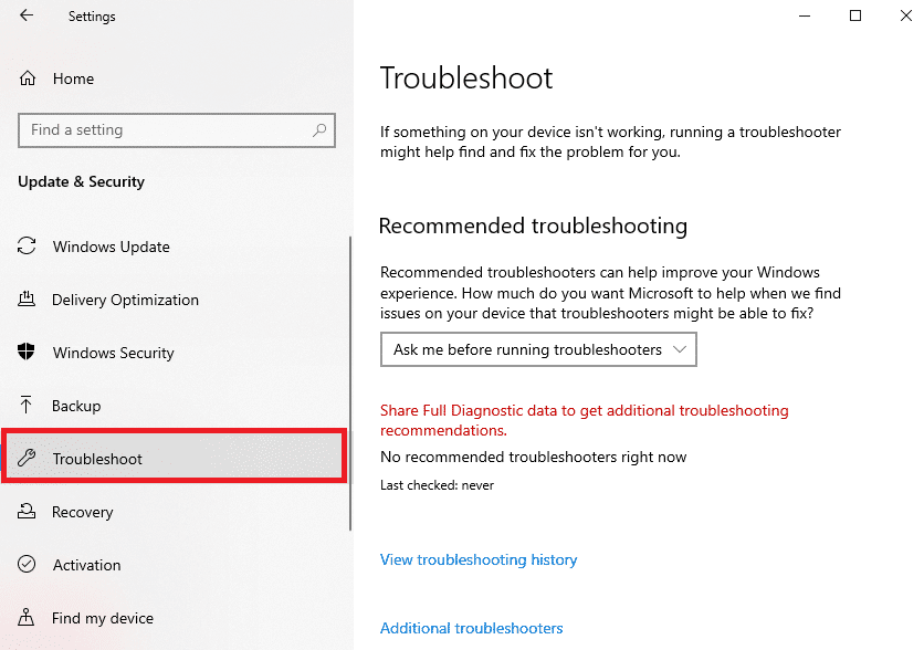 左側のペインの[トラブルシューティング]タブに移動します。 キーボードのバックライト設定を設定する方法Dell