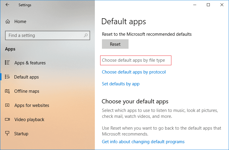 [リセット]ボタンの下で、[ファイルの種類ごとにデフォルトのアプリを選択する]リンクをクリックします|  Windows10でデフォルトプログラムを変更する方法