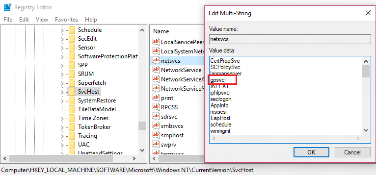 assurez-vous que gpsvc est présent dans net svcs sinon ajoutez-le manuellement