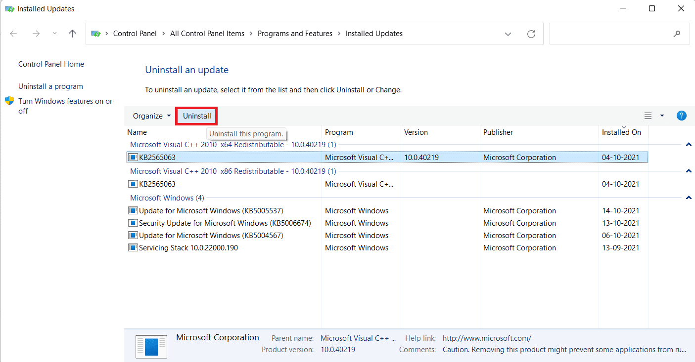 설치된 업데이트 목록입니다.  Windows 11 작업 표시줄이 작동하지 않는 문제를 해결하는 방법