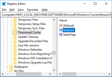 Теперь выберите Thumbnail Cache, затем в правом окне дважды щелкните Autorun.