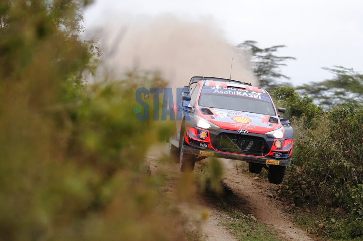 Sebastian Ogier and his co driver Julien Ingrassia driving Toyota Yaris in action at the Malewa stage of the Safari Rally on July 27, 2021.