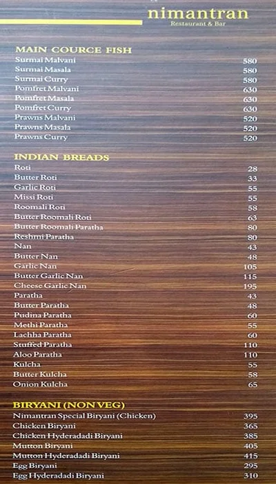 Nimantran Restaurant & Bar menu 