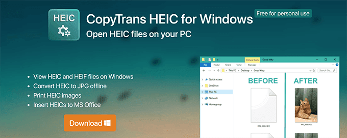 หน้าดาวน์โหลด CopyTrans HEIC สำหรับ Windows