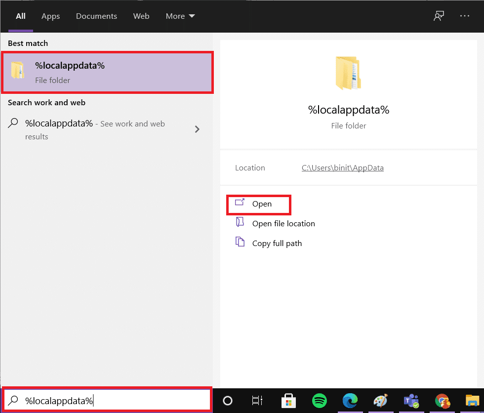 en una barra de búsqueda, escriba LocalAppData y haga clic en Abrir.  Cómo arreglar Apex Legends que no se puede conectar