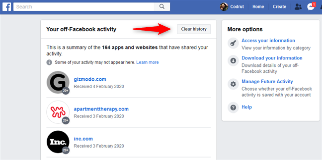 Кнопка «Очистить историю» в разделе «Ваши действия вне Facebook».