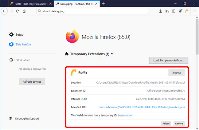 Ruffle is geïnstalleerd in Firefox