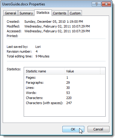 Cuadro de diálogo de propiedades en Word 2010