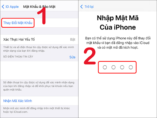 Chọn Thay đổi mật khẩu và nhập mật khẩu iPhone