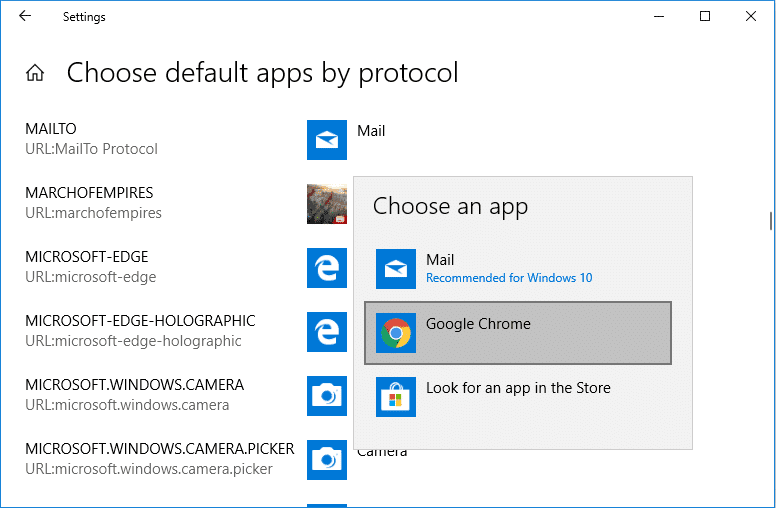 Haga clic en la aplicación predeterminada actual y luego, a la derecha del protocolo, elija la aplicación