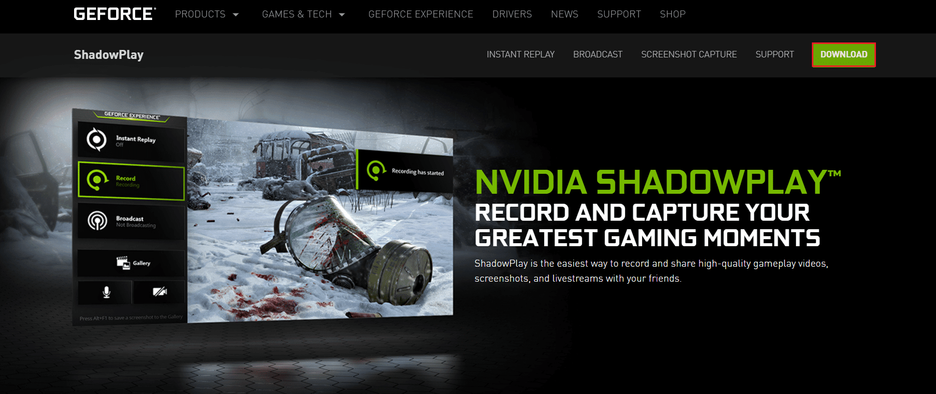 Trang web NVIDIA ShadowPlay