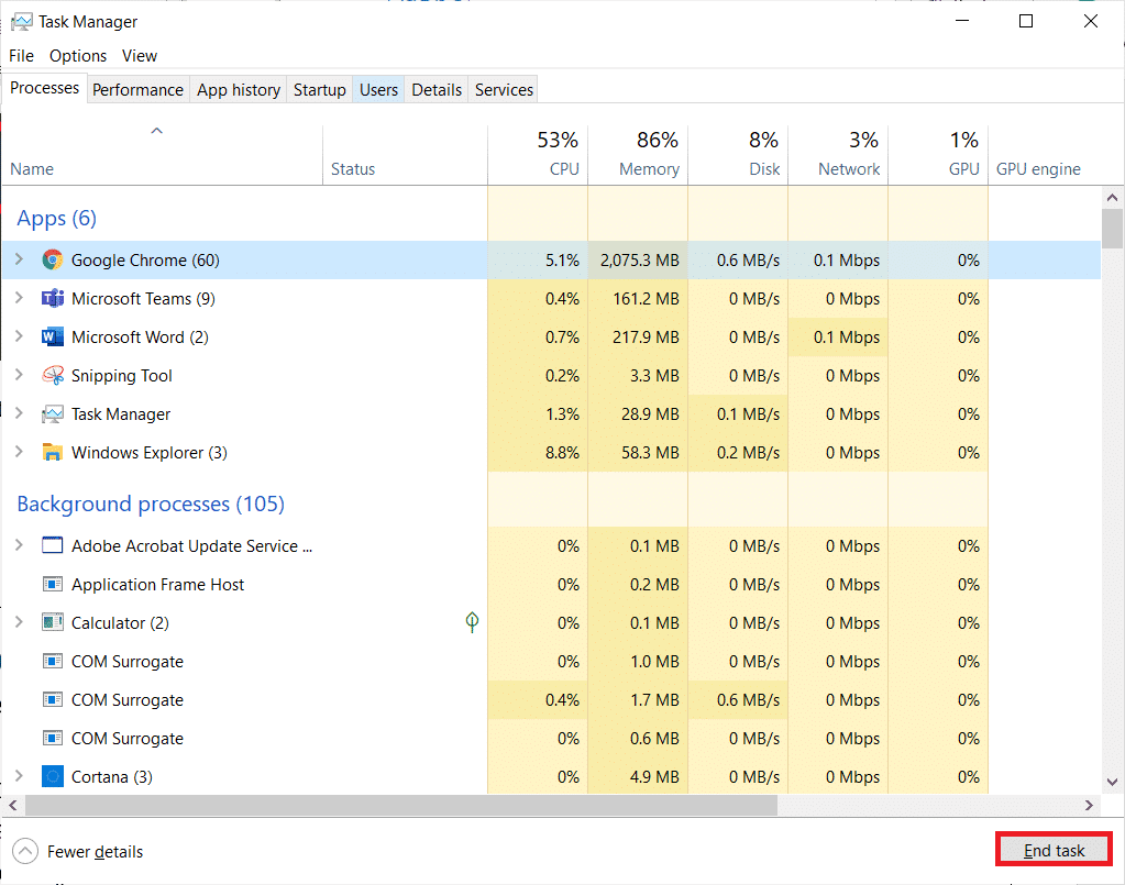 Trong tab Processes, tìm kiếm và chọn các tác vụ không cần thiết đang chạy trong nền.  Cuối cùng, chọn End Task