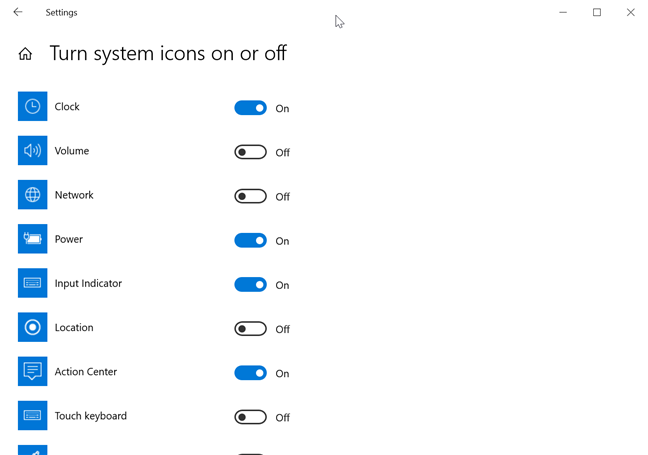 Désactivez les icônes système que vous souhaitez supprimer de votre zone de notification