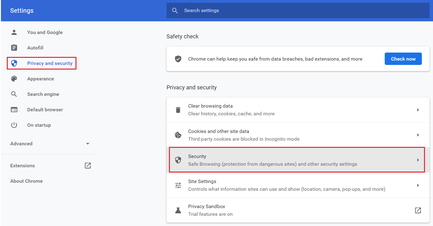 seleccione Privacidad y seguridad y haga clic en la opción Seguridad en la configuración de Chrome.  Cómo habilitar DNS a través de HTTPS Chrome