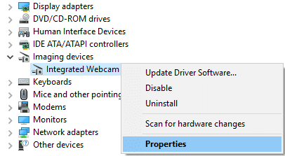 Klik met de rechtermuisknop op Geïntegreerde webcam en selecteer Eigenschappen