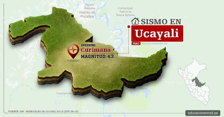 Temblor en Ucayali de Magnitud 4.3 (Hoy Miércoles 29 Diciembre 2021) Sismo - Epicentro - Curimaná - Padre Abad - IGP - www.igp.gob.pe