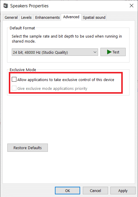 Permitir que las aplicaciones tomen el control exclusivo de este dispositivo