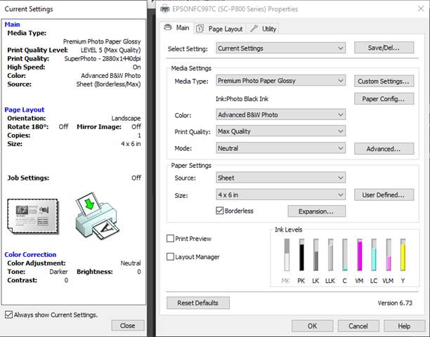 Epson P800 Windows V3 Driver using Advanced B&W Photo mode