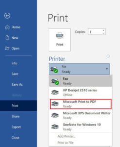 Selecteer Microsoft Afdrukken naar PDF |  Afdrukken als u geen printer heeft